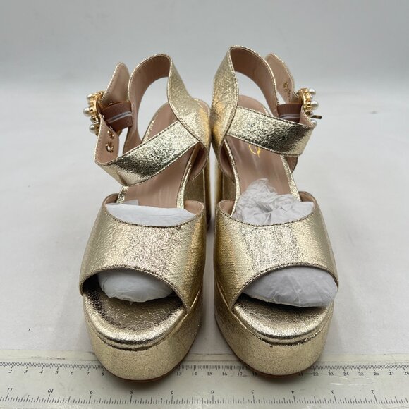 XYD Light Gold Open Toe Chunky Heel Platform Pearl Buckle Ankle Strap Sandals - Picture 3 of 8